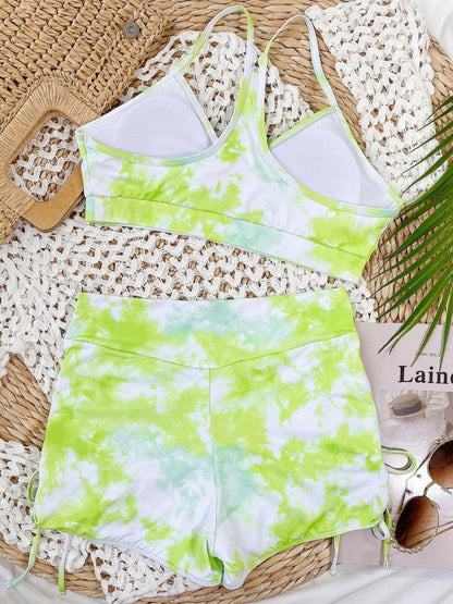 Tie-Dye Spaghetti Strap Top and Drawstring Shorts Swim Set - Love Salve