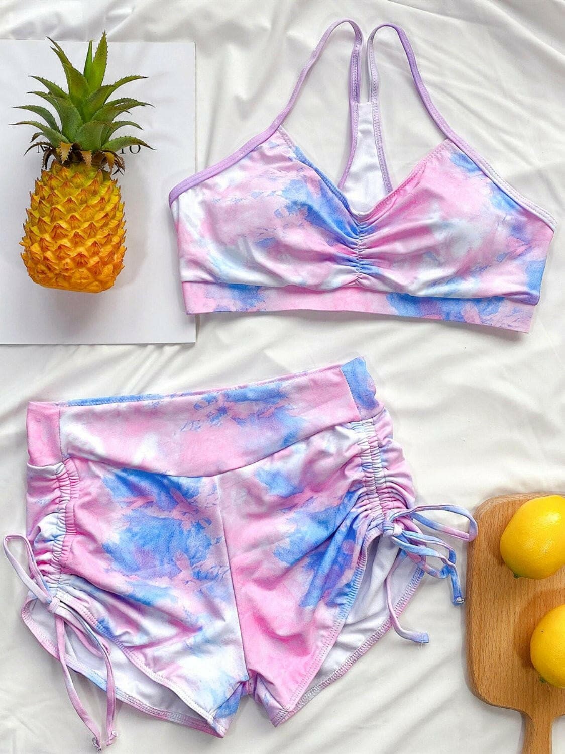 Tie-Dye Spaghetti Strap Top and Drawstring Shorts Swim Set - Love Salve