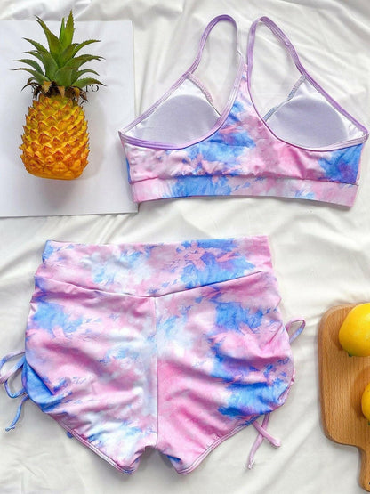 Tie-Dye Spaghetti Strap Top and Drawstring Shorts Swim Set - Love Salve