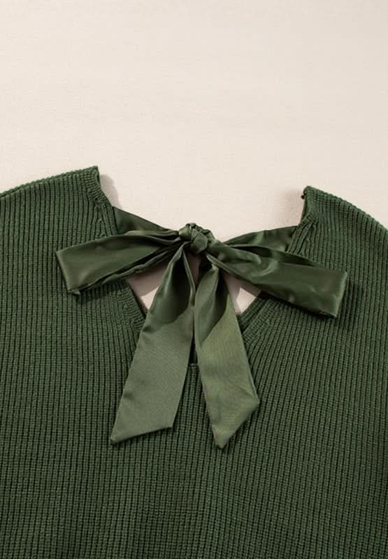 Tied Back V - Neck Long Sleeve Sweater - Love Salve