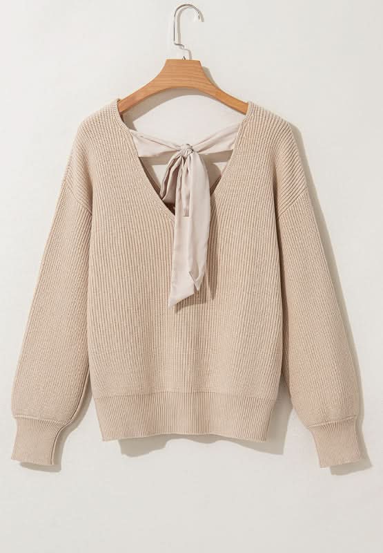 Tied Back V - Neck Long Sleeve Sweater - Love Salve