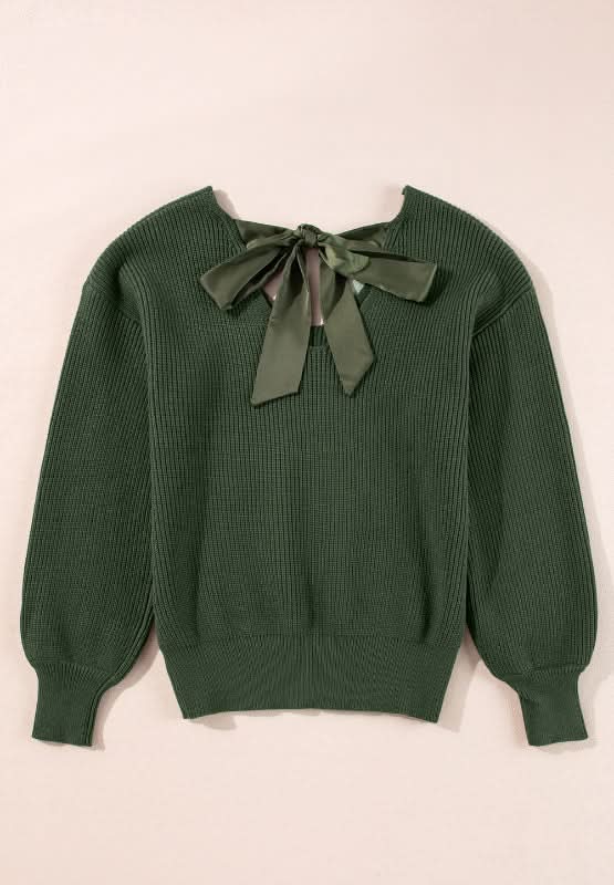 Tied Back V - Neck Long Sleeve Sweater - Love Salve