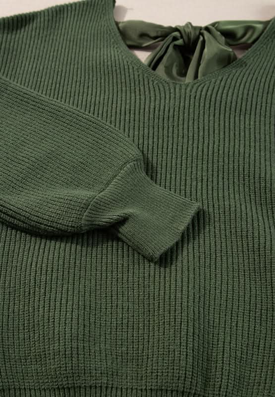 Tied Back V - Neck Long Sleeve Sweater - Love Salve