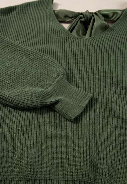Tied Back V - Neck Long Sleeve Sweater - Love Salve