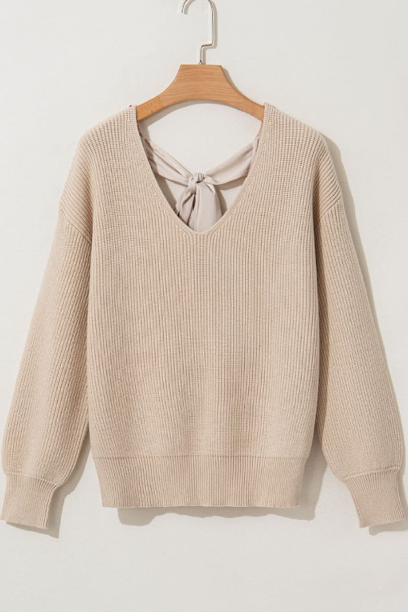 Tied Back V - Neck Long Sleeve Sweater - Love Salve