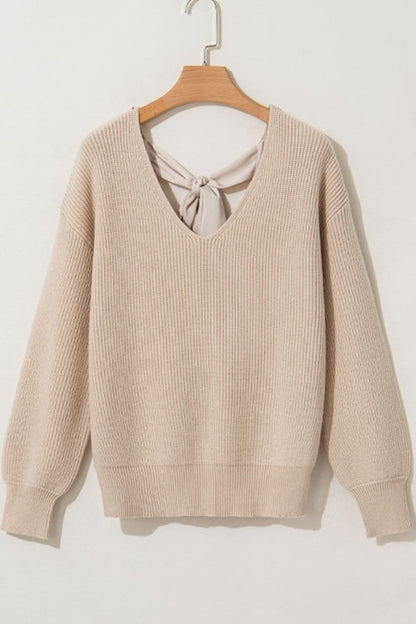 Tied Back V - Neck Long Sleeve Sweater - Love Salve