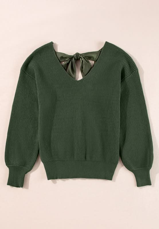 Tied Back V - Neck Long Sleeve Sweater - Love Salve
