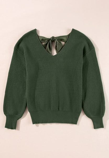 Tied Back V - Neck Long Sleeve Sweater - Love Salve