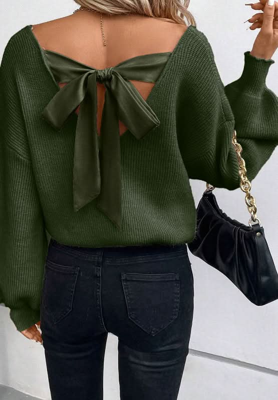 Tied Back V - Neck Long Sleeve Sweater - Love Salve