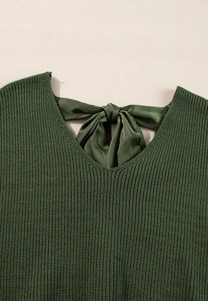 Tied Back V - Neck Long Sleeve Sweater - Love Salve