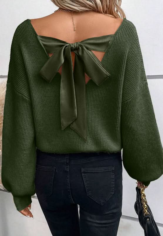 Tied Back V - Neck Long Sleeve Sweater - Love Salve