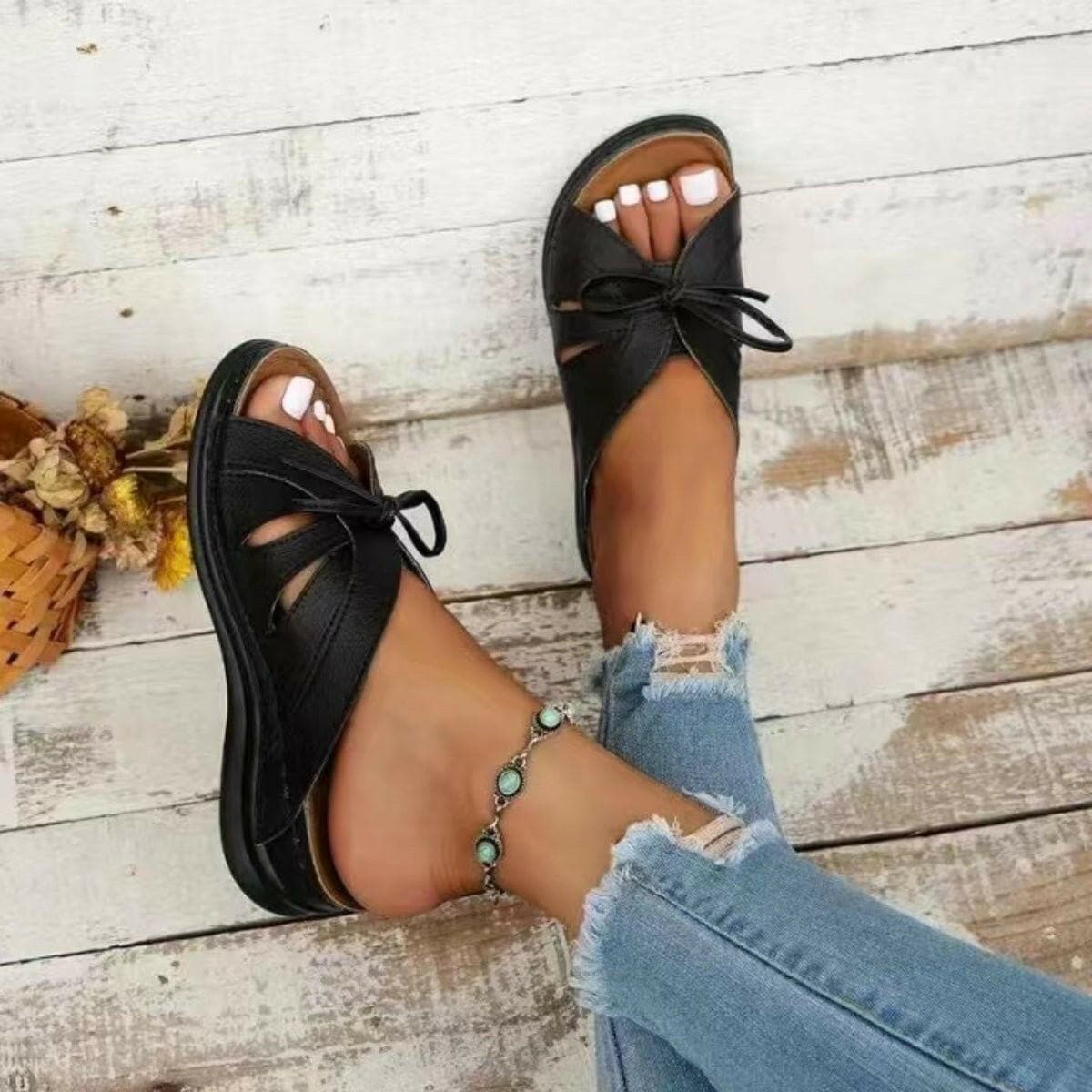 Tied Open Toe Low Heel Sandals - Love Salve