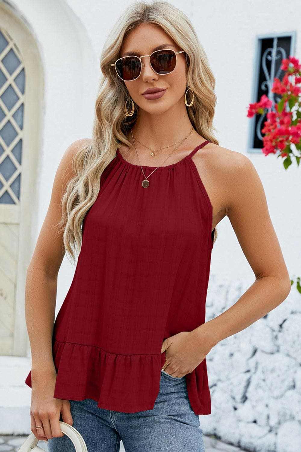 Tied Ruffled Round Neck Cami - Love Salve