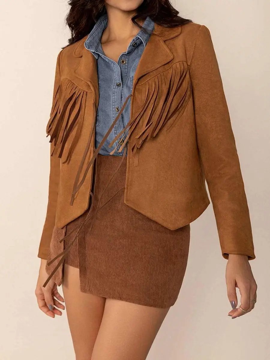 Tied Tassel Collared Neck Long Sleeve Jacket - Love Salve 