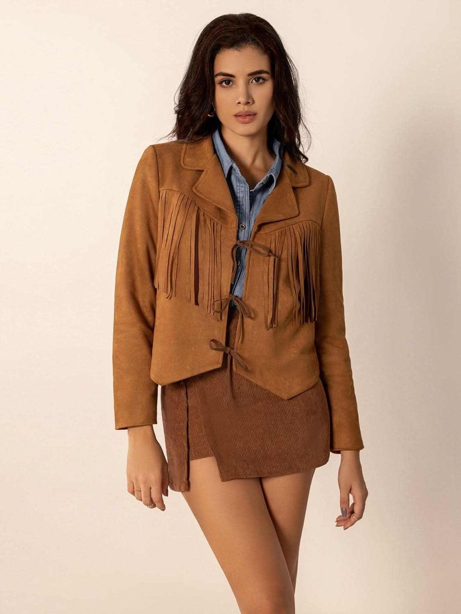 Tied Tassel Collared Neck Long Sleeve Jacket - Love Salve