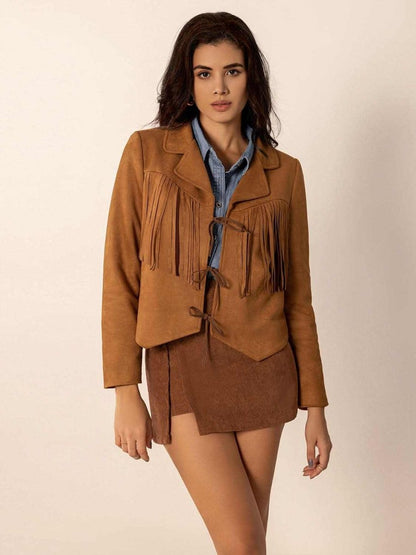 Tied Tassel Collared Neck Long Sleeve Jacket - Love Salve