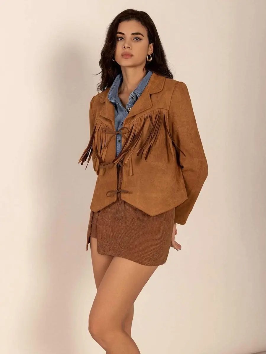 Tied Tassel Collared Neck Long Sleeve Jacket - Love Salve 