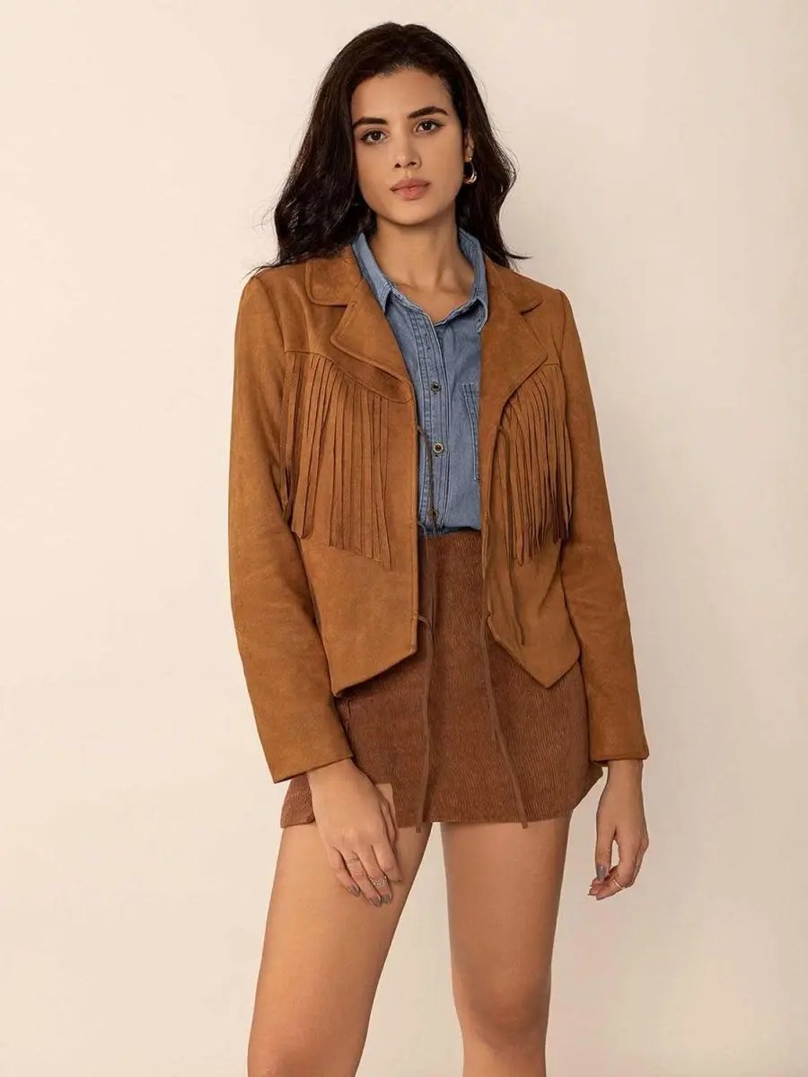 Tied Tassel Collared Neck Long Sleeve Jacket - Love Salve 