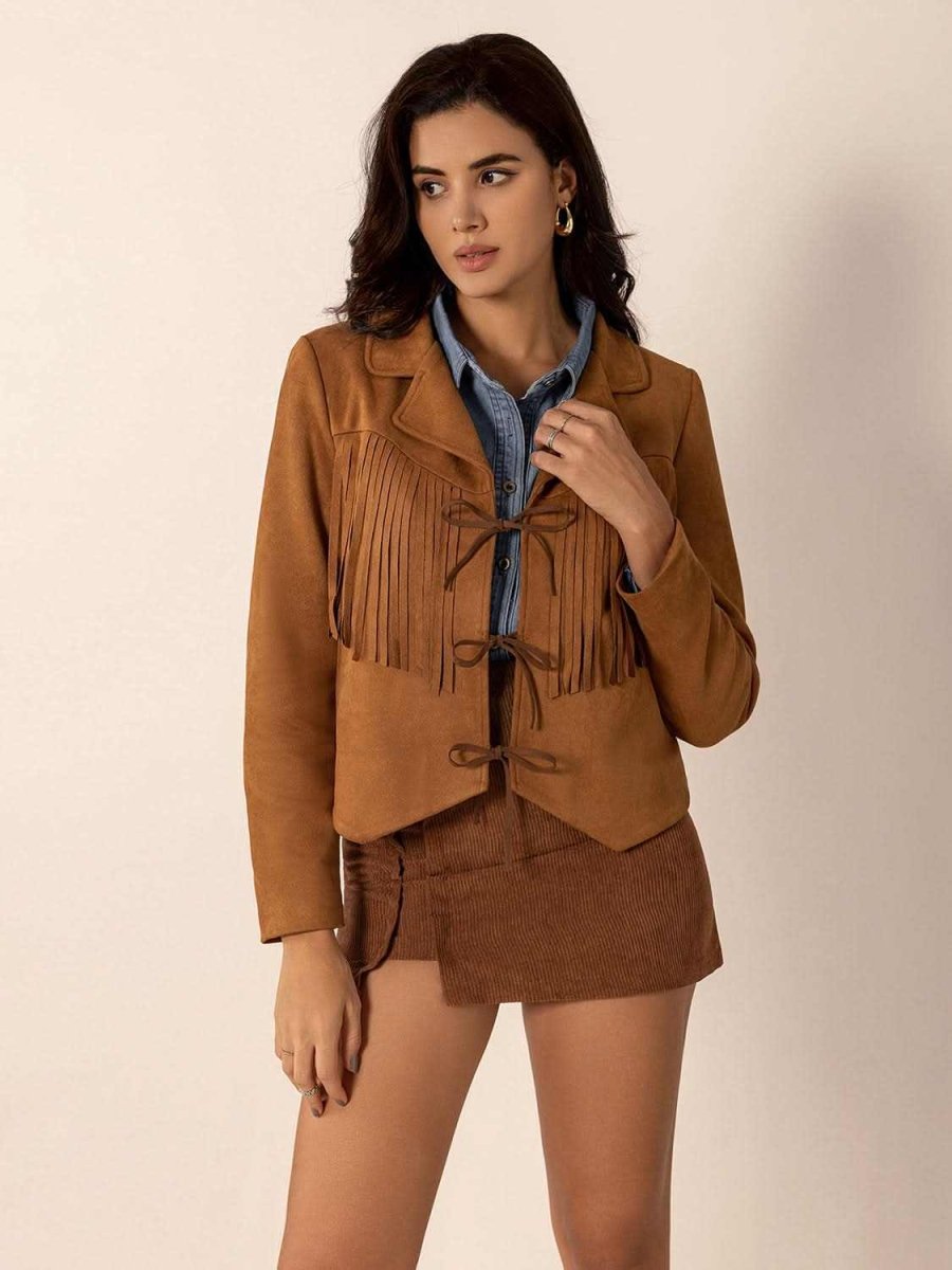 Tied Tassel Collared Neck Long Sleeve Jacket - Love Salve