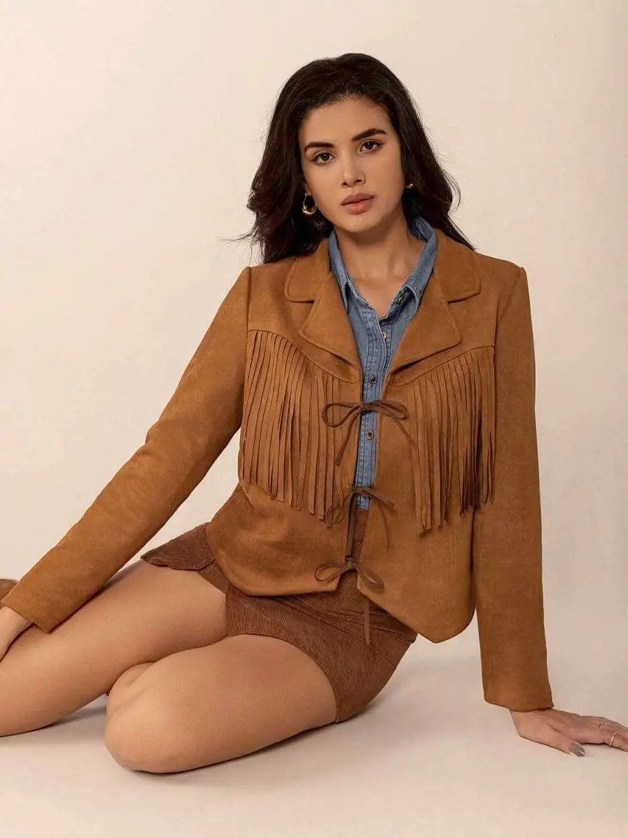 Tied Tassel Collared Neck Long Sleeve Jacket - Love Salve 