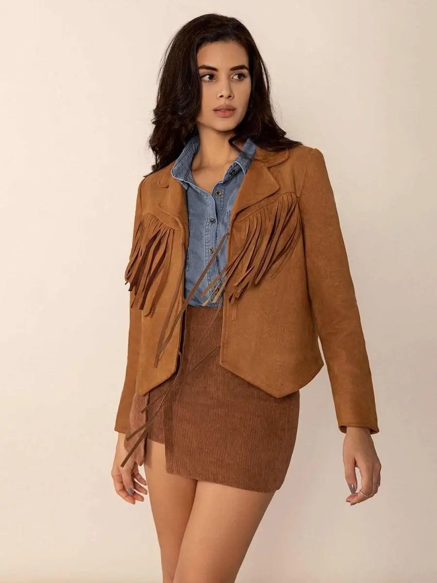 Tied Tassel Collared Neck Long Sleeve Jacket - Love Salve 