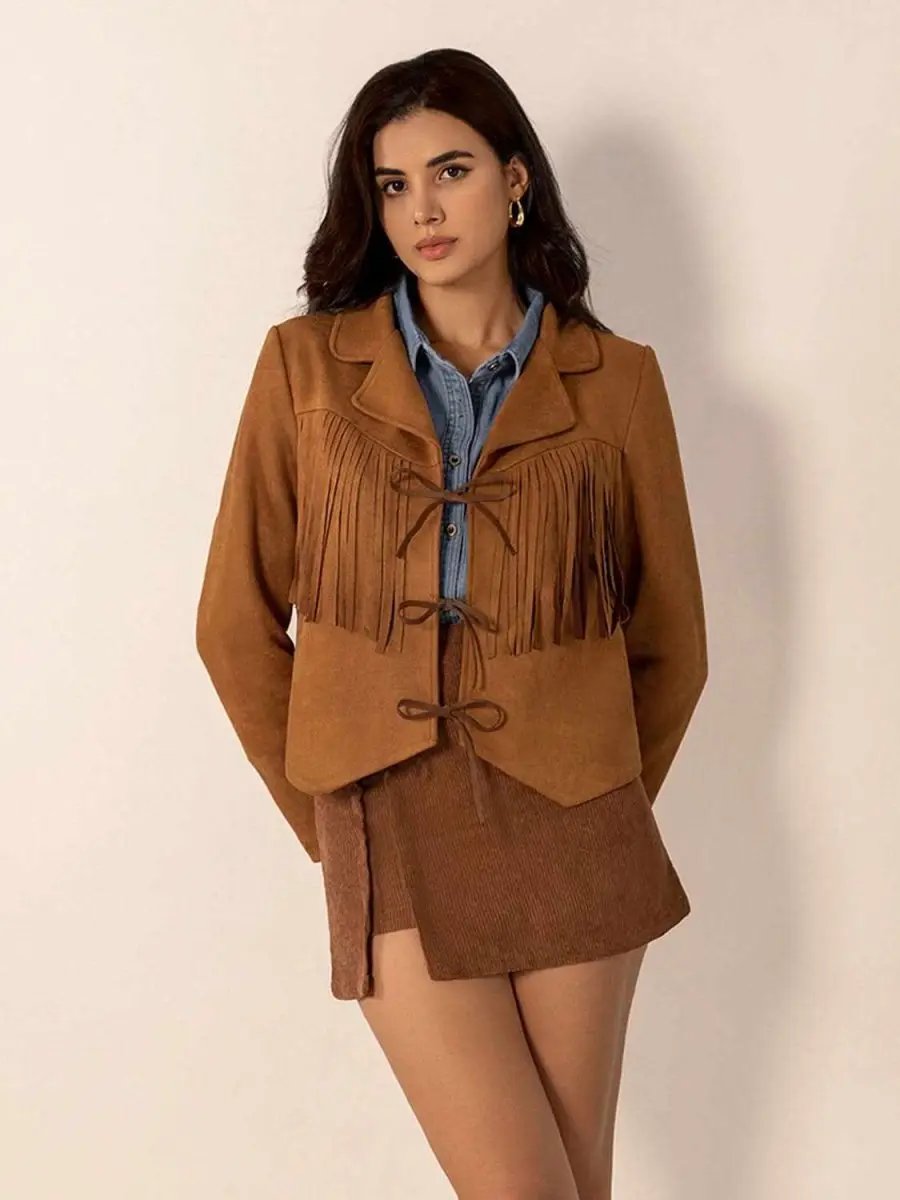 Tied Tassel Collared Neck Long Sleeve Jacket - Love Salve 