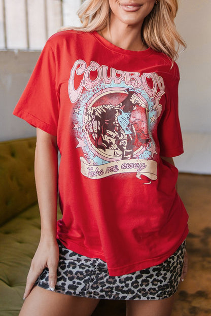 Tomato Red COWBOY Take Me Away Graphic Western Loose Tee - Love Salve 