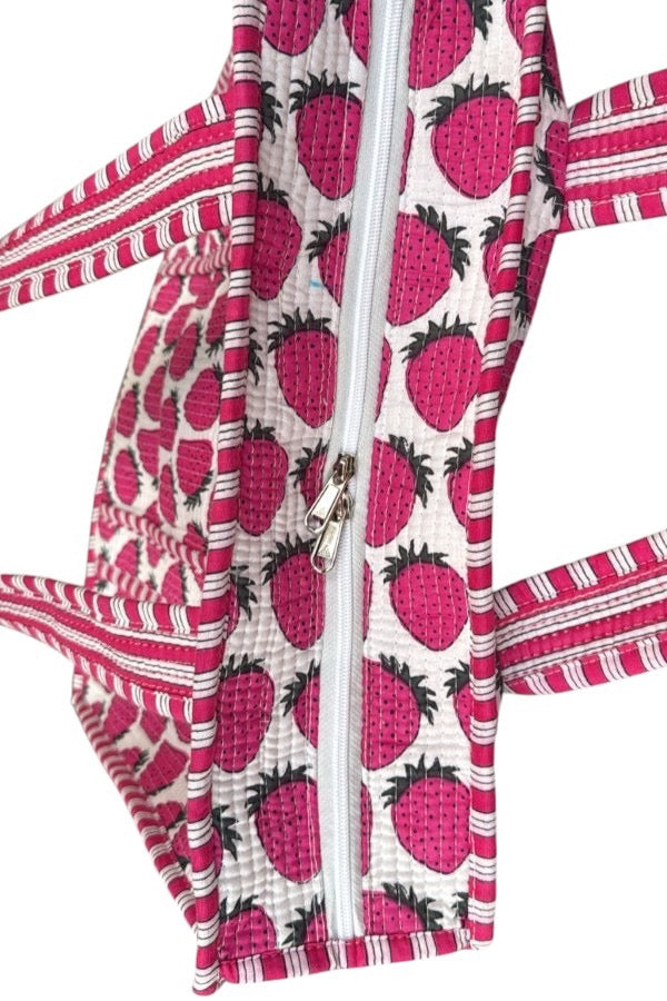 Strawberry Print Quilted Cotton Tote Bag for Everyday Use