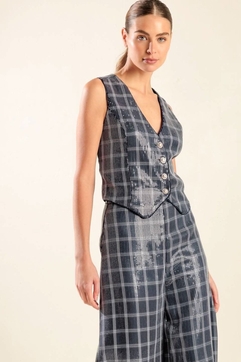 TRAVELING FAR NAVY SEQUIN VEST - Love Salve