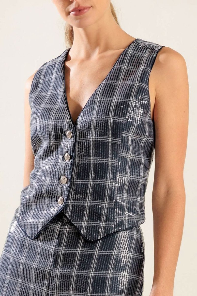 TRAVELING FAR NAVY SEQUIN VEST - Love Salve