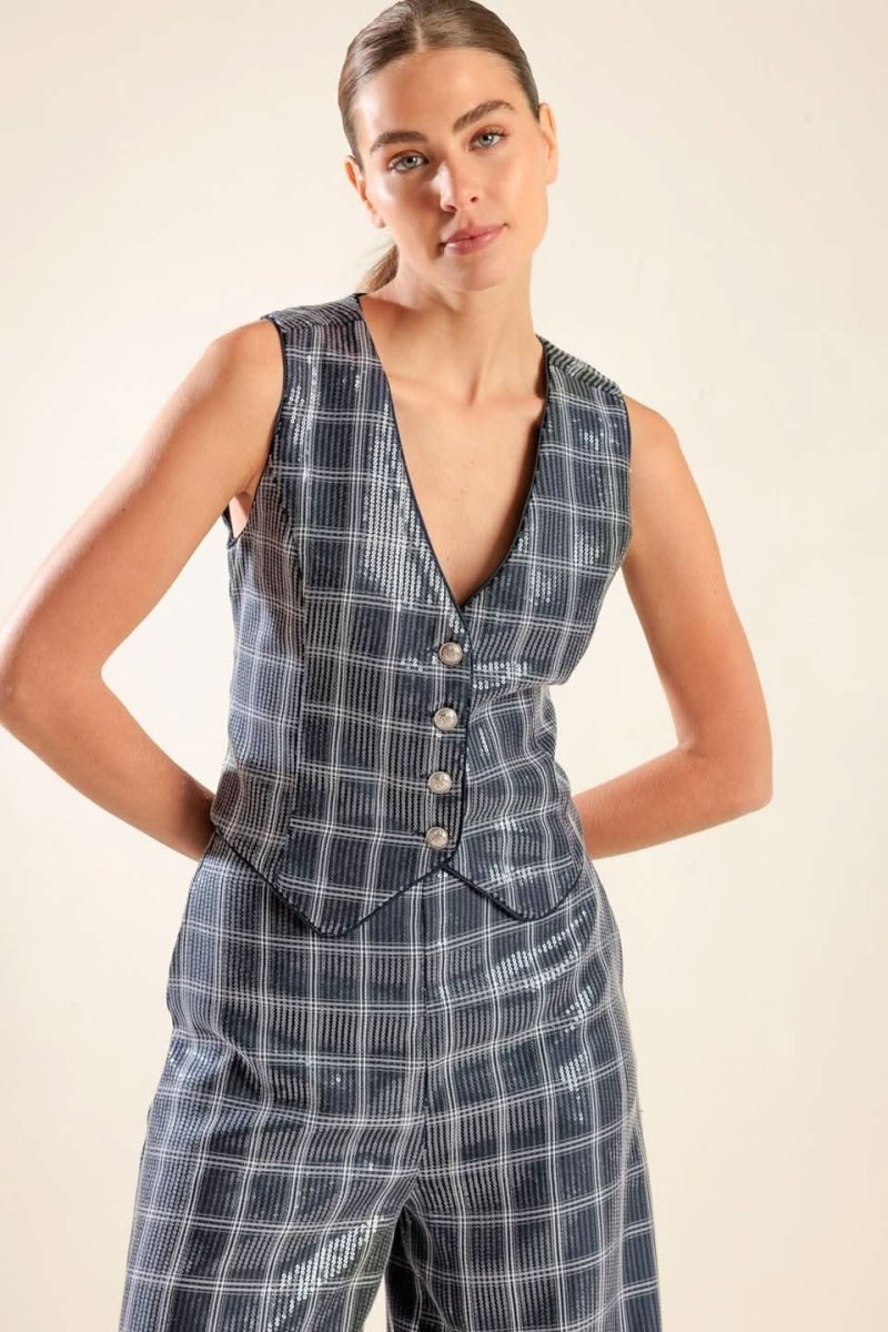 TRAVELING FAR NAVY SEQUIN VEST - Love Salve