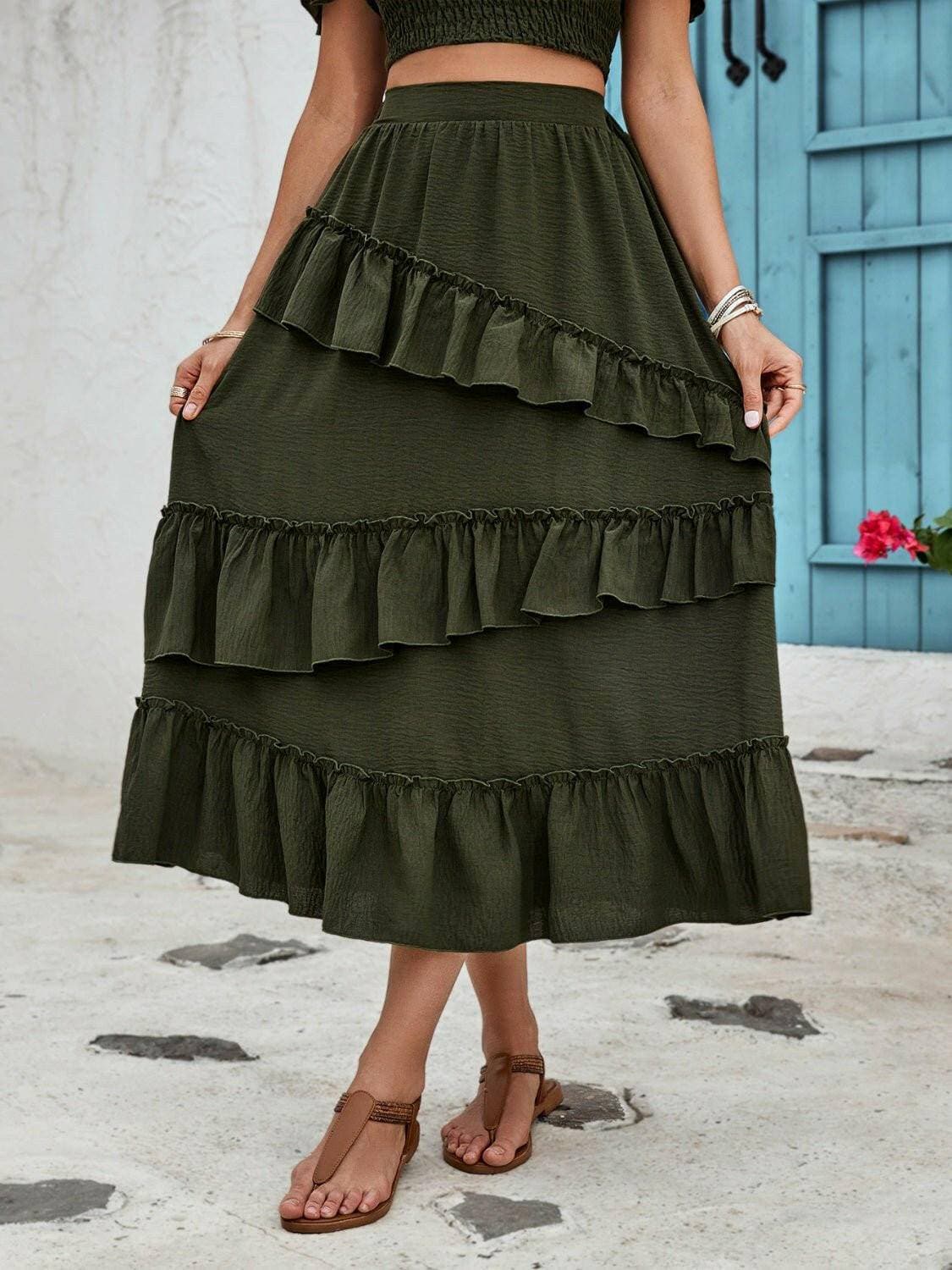 Elegant Sheer Ruffled Midi Skirt with Elastic Waist - Love Salve 