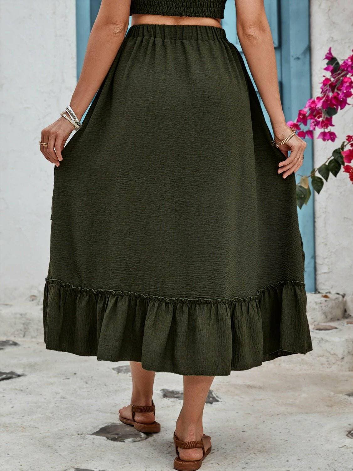 Elegant Sheer Ruffled Midi Skirt with Elastic Waist - Love Salve 