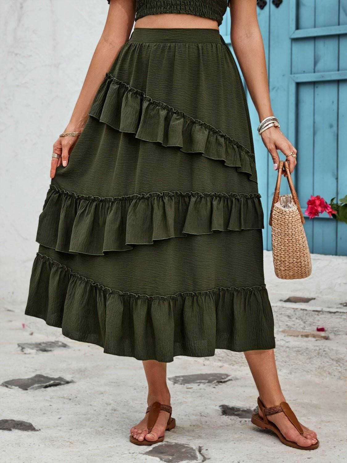 Elegant Sheer Ruffled Midi Skirt with Elastic Waist - Love Salve 