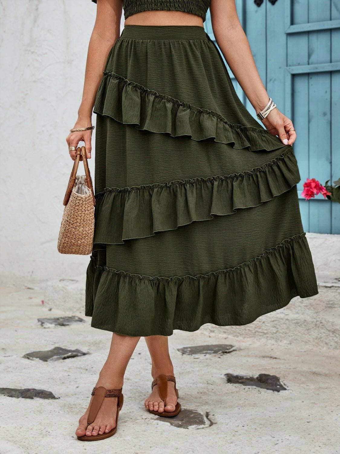 Elegant Sheer Ruffled Midi Skirt with Elastic Waist - Love Salve 