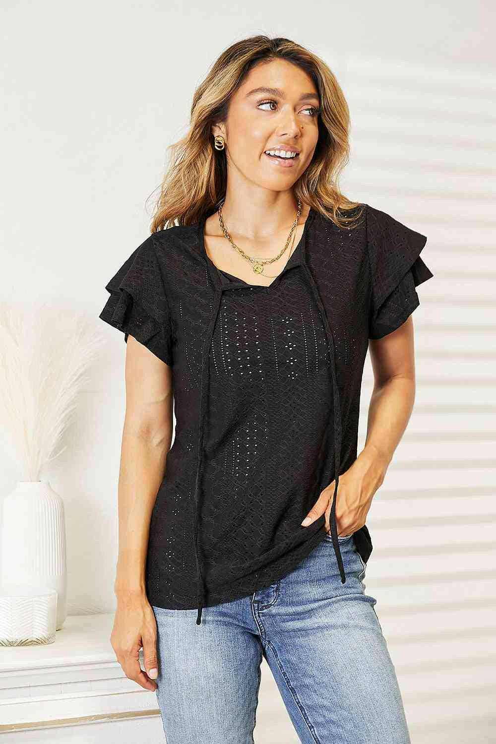 Charming Eyelet Sheer Blouse with Elegant Tie-Neck Detail - Love Salve 