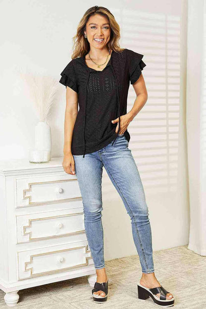 Charming Eyelet Sheer Blouse with Elegant Tie-Neck Detail - Love Salve 