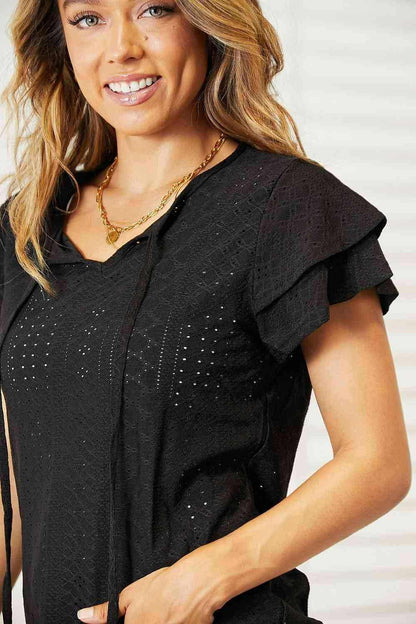 Charming Eyelet Sheer Blouse with Elegant Tie-Neck Detail - Love Salve 