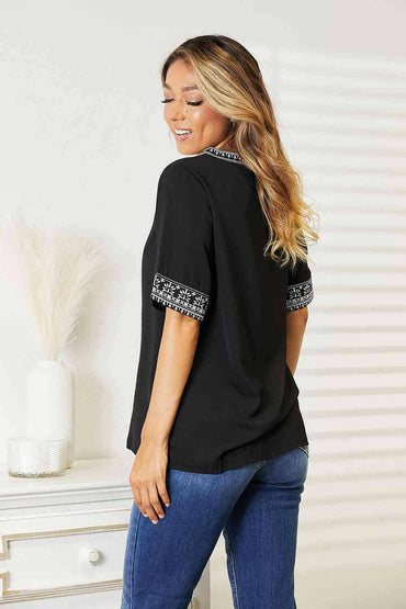 Elegant Floral Embroidered Blouse with Stylish Notched Neckline - Love Salve 