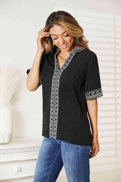 Elegant Floral Embroidered Blouse with Stylish Notched Neckline - Love Salve 