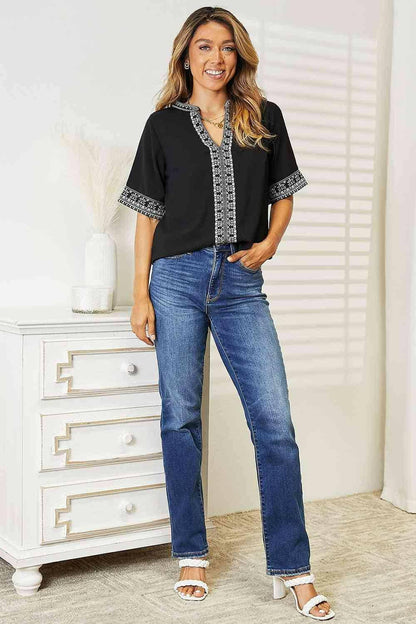 Elegant Floral Embroidered Blouse with Stylish Notched Neckline - Love Salve 