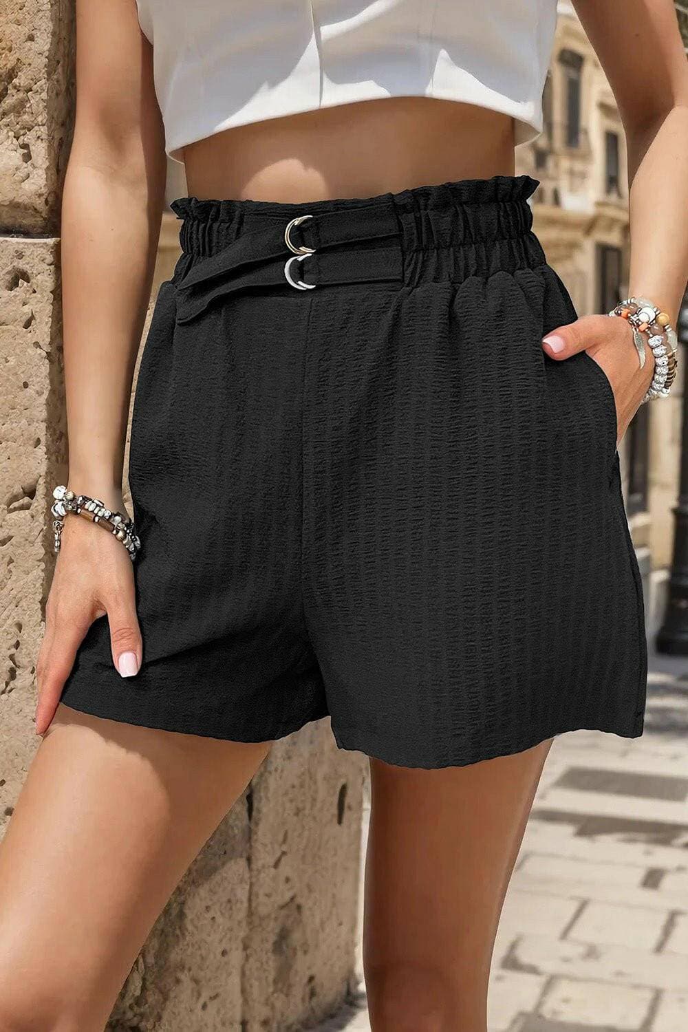 High-Waisted Shorts with Double Buckle Accents and Pockets - Love Salve 