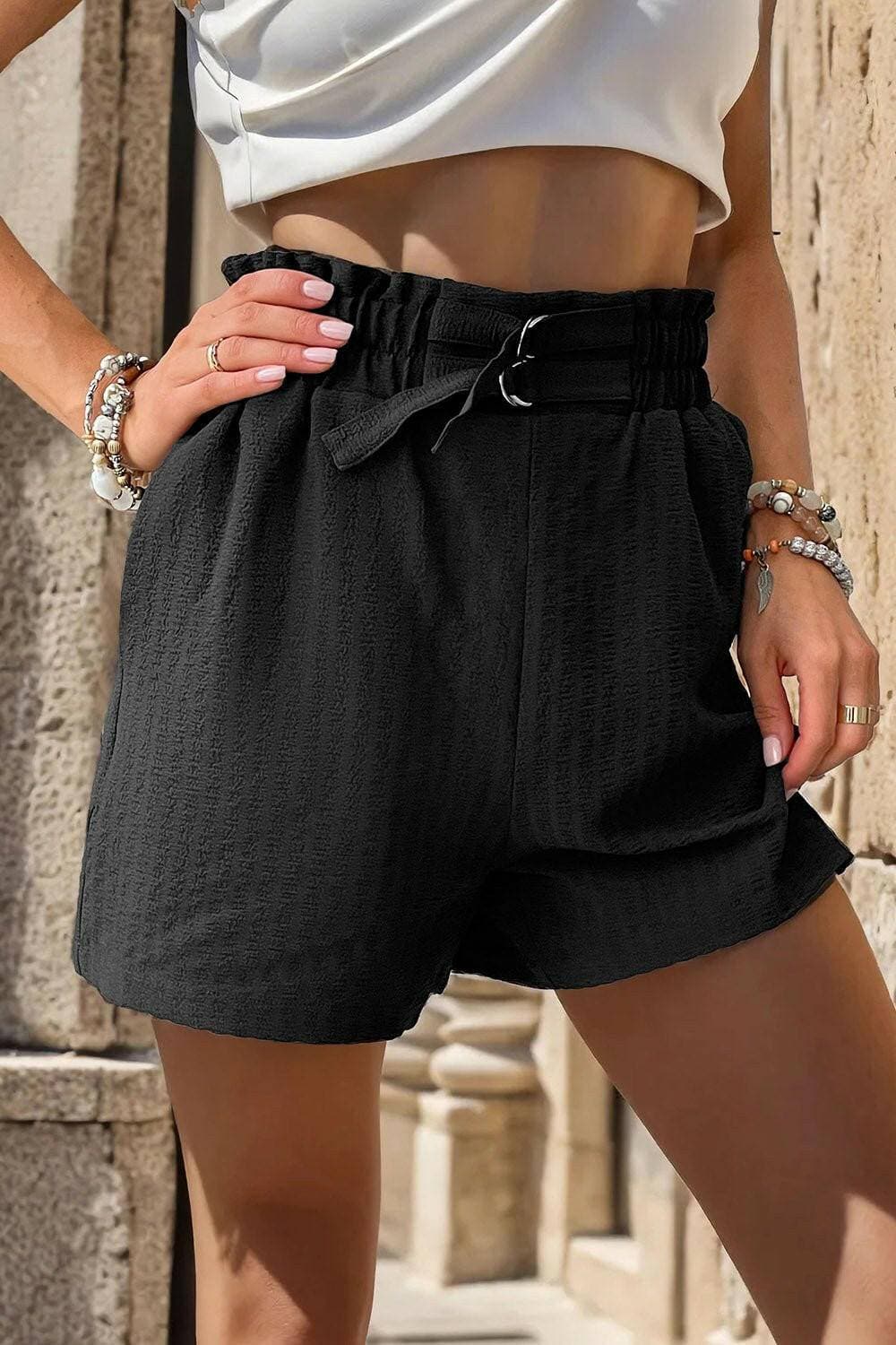 High-Waisted Shorts with Double Buckle Accents and Pockets - Love Salve 