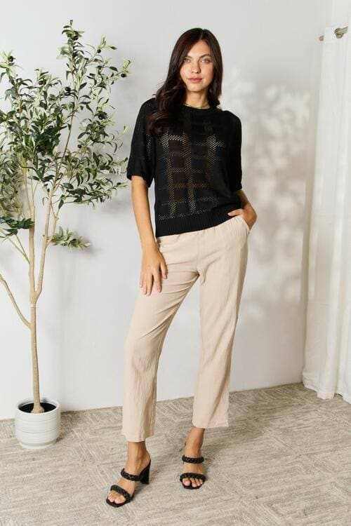 Chic ribbed knit top - round neck, versatile style - Love Salve 