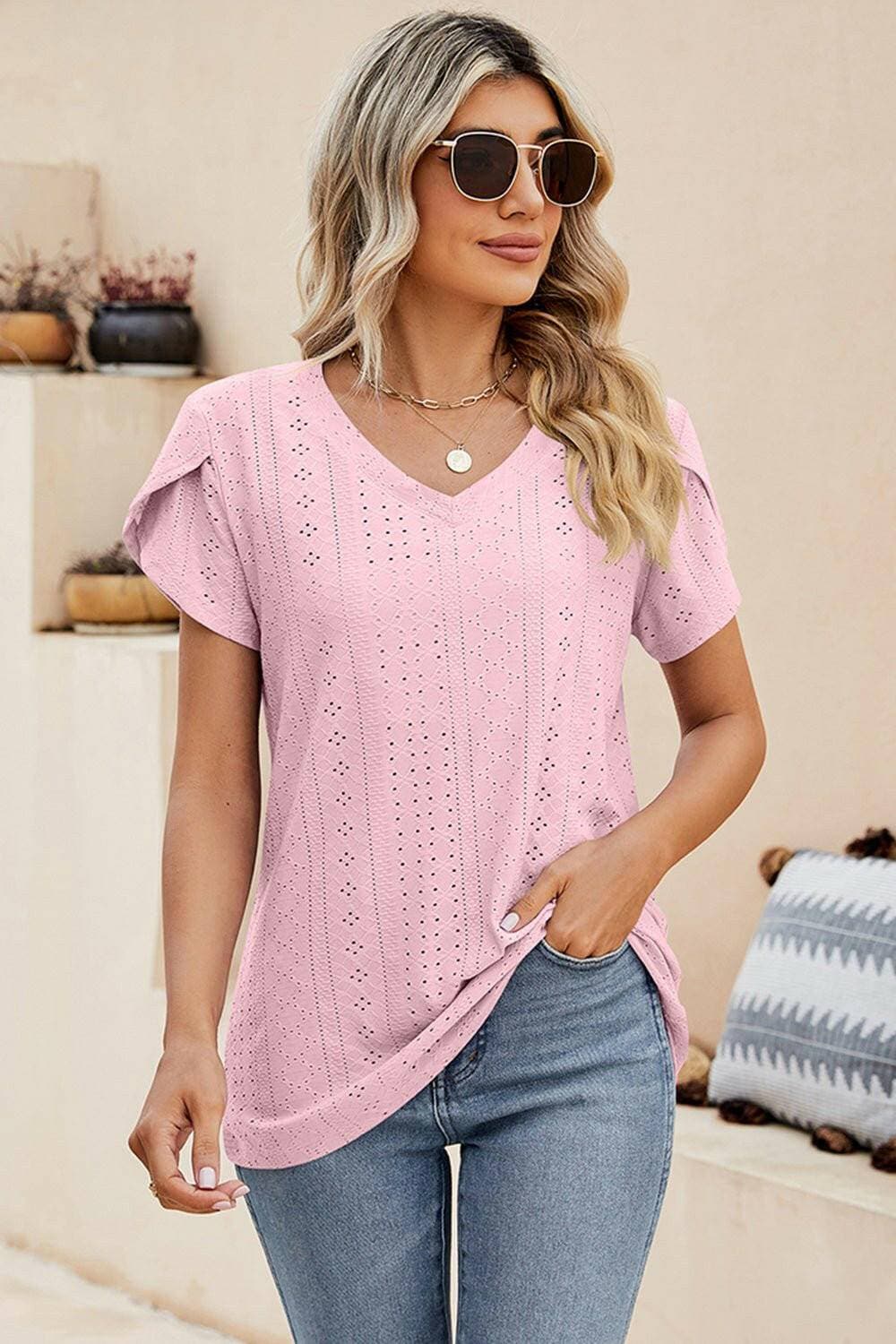 Elegant Eyelet V-Neck Blouse with Petal Sleeves - Love Salve 