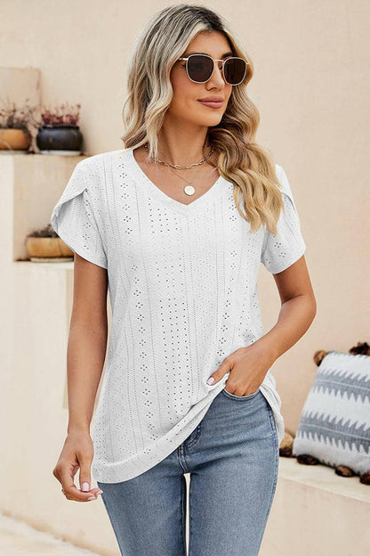 Elegant Eyelet V-Neck Blouse with Petal Sleeves - Love Salve 