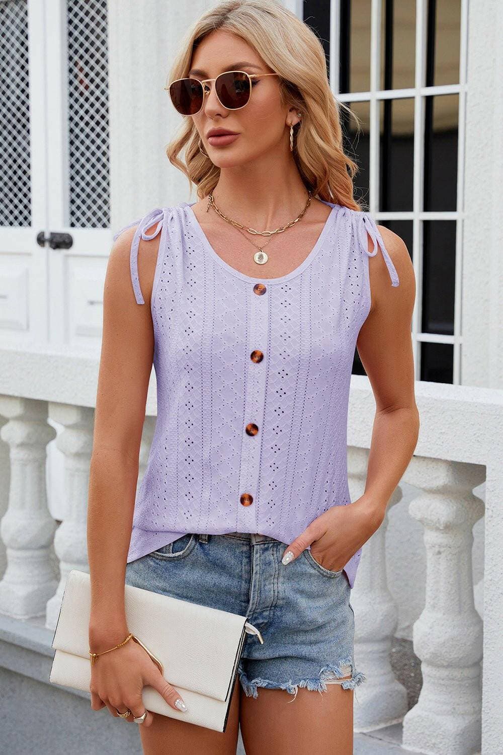 Eyelet Round Neck Wide Strap Tank - Love Salve 