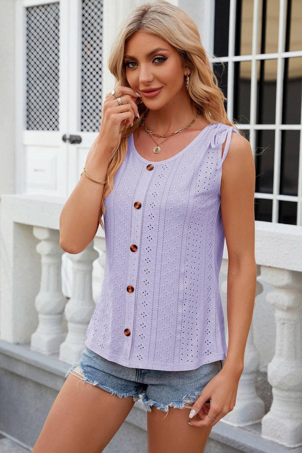 Eyelet Round Neck Wide Strap Tank - Love Salve 