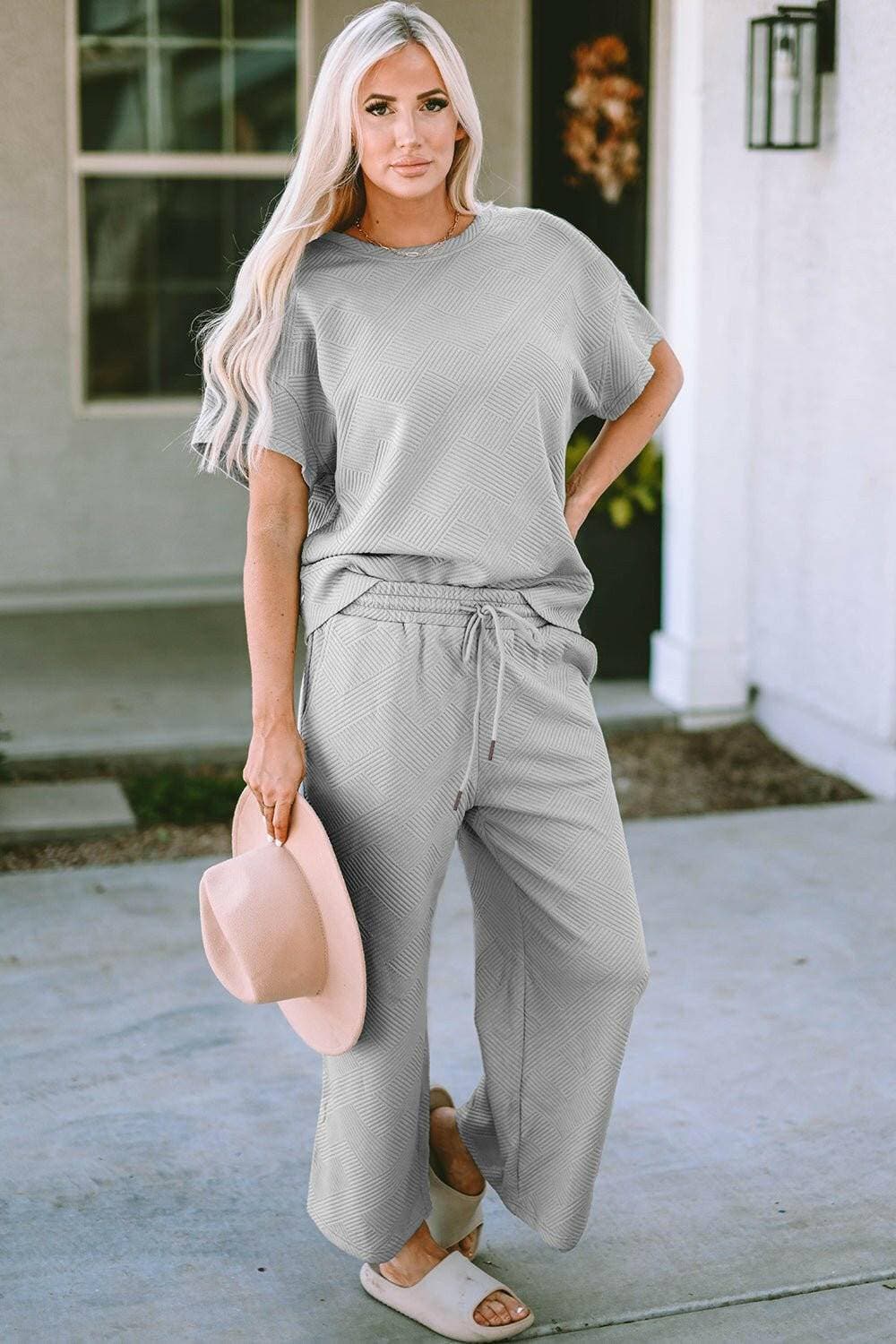 Chic Comfort: Textured Short Sleeve Top and Pants Set - Love Salve 