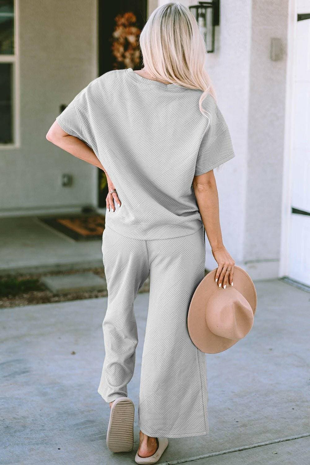 Chic Comfort: Textured Short Sleeve Top and Pants Set - Love Salve 